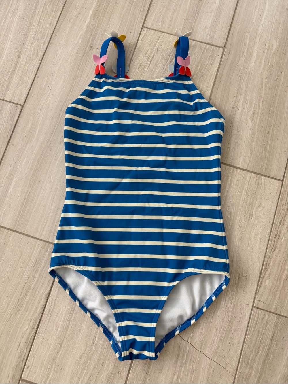 Mini Boden blue and White Striped One-Piece Swimsuit with Butterfly, size 7-8y